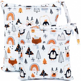 CHEESANHERR Wet Bags Nappy Bag, Pack of 2 Wetbag Organiser Nursery Fabric Nappies Changing Bag Large Wet Bag Wet Bag Wet Bag Reusable Waterproof for Baby, White Penguin, Wet bag