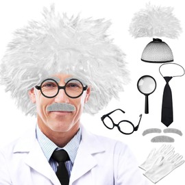 10 PCS Old Man Mad Scientist Wig Set,Dressing up Grandpa Costume,Crazy Physicist Wig Costume for Cosplay Party,Stage Performance