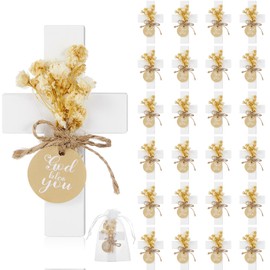 Flutesan 24 Sets Baptism Favors for Guests Wooden Cross Magnets with Dried Flower and Organza Bag for First Communion Baptism Party Favors, Baby Shower, Christen Birthday Gift