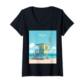 Womens Miami Watchtower by The Beach, Ocean Sea Waves Traveler Gift V-Neck T-Shirt
