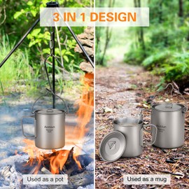 Aomiun Lightweight Titanium 3 Pieces Set Titanium 750ml Pot 350ml Water Cup Mug with Lid Collapsible Handle Folding Spork for Outdoor Camping Hiking Backpacking