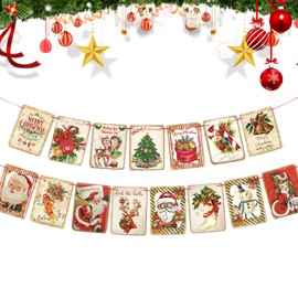 Vintage Christmas Banner Traditional Christmas Bunting Retro Santa Claus Decorations Banner Merry Xmas Bunting Banner Christmas Hanging Decorations for Xmas Party Decoration Supplies