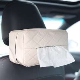 Qirc PU Leather Car Tissue Holder, Car Back Seat Headrest, Hanging Tissue Boxes, Car Napkin Box Holder for Universal, Large Tissue Dispenser Fits 120 Tissues Per Box (Beige)