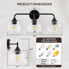 ANDY STAR 3-Lights Bathroom Light Fixtures, Matte Black Vanity Lights with Clear Striped Swirl Glass Shade, 22 Inch Metal Modern Bathroom Wall Sconces Wall Mounted for Bathroom, Bedroom, Living Room