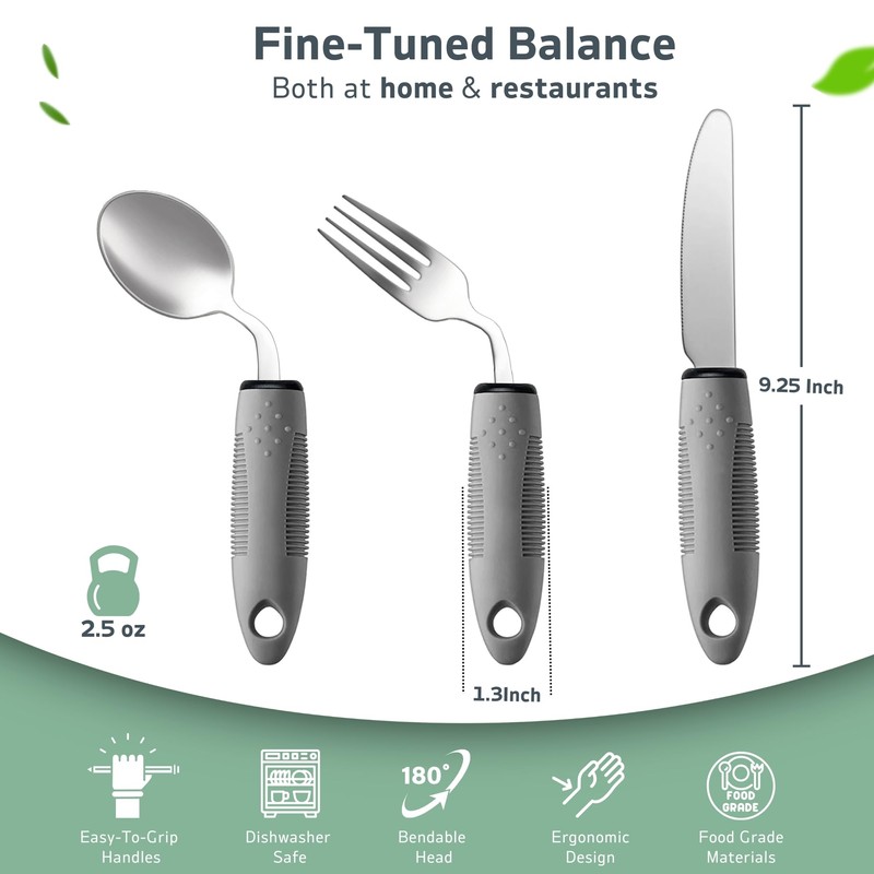3-Piece Adaptive Utensils Set - 42° Angled Parkinsons Utensils, 2.5