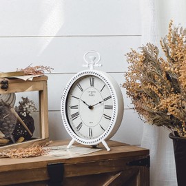 NIKKY HOME Vintage Table Clock, Metal White Table Clock Retro Non-Ticking Desk Clock Battery Operated Antique Clock for Bedroom Living Room Indoor Decoration