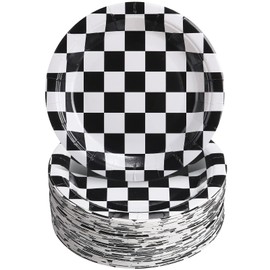 Zopeal 80 Pieces Checkered Race Car Party Supplies Black and White Checkered Paper Plates, 7 Inch Checkered Flag Disposable Plates Racing Party Plates for Car Birthday Party Favors
