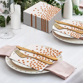 White and Rose Gold Napkins, CEILIWEN Pack of 50 Rose Gold Foil Dots Party Napkins, Rose Gold Napkins, Birthday Party Napkins, Party Decoration, 33 x 33 cm (White and Rose Gold)