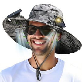 Solar Powered Fan Hat-2 Solar & USB Fans Fishing Hat-3-Speed Adjustable,UPF 50+Sun Protection Men Outdoor Wide Brim Sun Hat with Built-in Solar Fans for Fishing Summer Camping Hiking -Dark Gray Ink