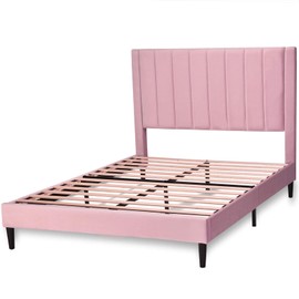 SHA CERLIN Queen Size Bed Frame, Velvet Upholstered Platform Bed Frame with Headboard, Strong Wood Slats Support, Mattress Foundation, No Box Spring Needed, Pink