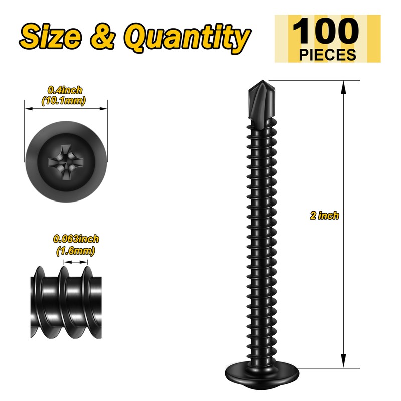 Mywish 100Pcs #10×2" Black Self Tapping Screws for Metal, 410