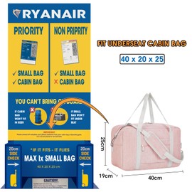 for Ryanair Airlines Underseat Cabin Bag 40X20X25 Foldable Travel Duffel Bag Holdall Tote Carry on Luggage Overnight for Women and Men 20L (Pink)