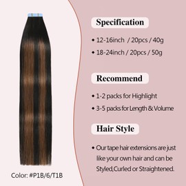 Sunya Tape in Hair Extensions Human Hair Balayage Natural Black to Chestnut Brown 18 Inch 50g/pack 20pcs Straight Seamless Skin Weft #P1B/6/T1B Tape in Hair Extensions