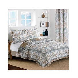 All American Collection New Reversible 2pc Floral Printed Blue/White Bedspread/Quilt Set Matching Curtains Available (Twin Size)