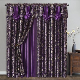 GOHD Royal ROSARIUM. Clipped Voile/Voile Farmhouse Jacquard Window Curtain Panel Drape with Attached Fancy Valance & Taffeta Backing.2pcs Set. Each pc 54" Wide x 84" Drop + 18" Valance. (Purple)