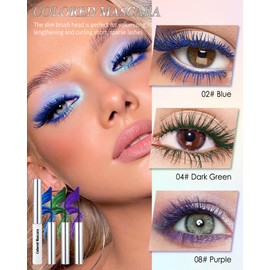Ultra-Fine Waterproof Mascara for Short Lash, 3Pcs Blue Green Purple Colored Mascara Volume & Length, Long Wear Smudge-Proof Non-Clumping, High Pigment Curl Lengthening Lashes, Makeup Set for Cosplay
