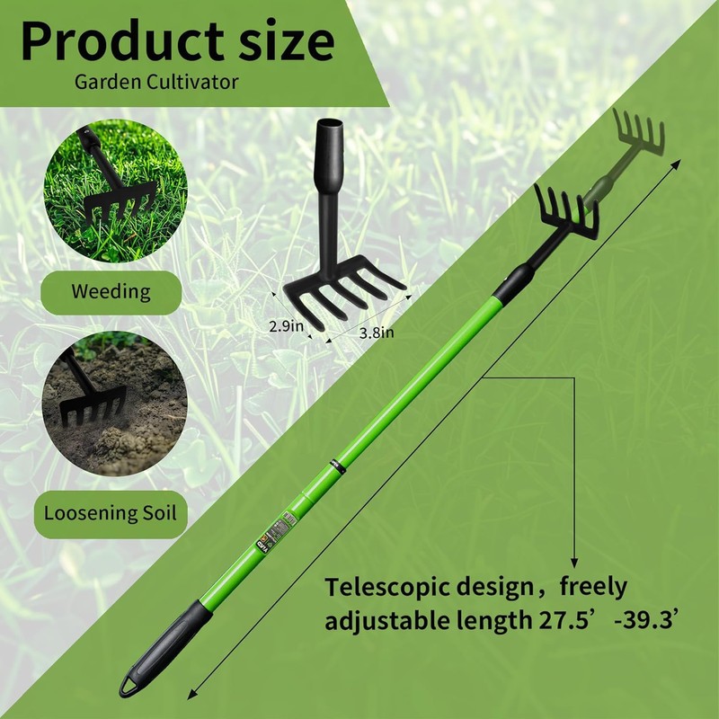 Telescopic Garden Rake, 27-40" Adjustable Hand Rake with 5 Metal