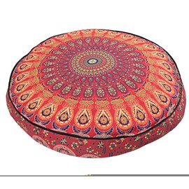 Shubhlaxmifashion Mandala Floor Pillow Cushion Seating Throw Cover Hippie Decorative Bohemian Ottoman Poufs, Pom Pom Pillow Cases,Boho Indian (35x35 Inch, red)