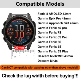 EZMVZKU 20mm Quickfit Silicone Watch Band for Garmin Fenix 8 43mm/Descent Mk3 43mm/Epix Pro 42mm/Fenix 7S/6S/5S/7S Pro/6S Pro/5S Plus,Sport Replacement Strap for Approach S70 42mm/Descent Mk2s