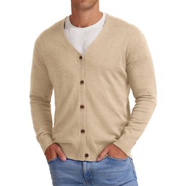 NITAGUT Men's Vintage Striped Long Sleeve Cardigan Sweater with Button V Neck Knitted Sweaters Beige, Small