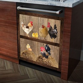 Majo Farm Rooster Hen Magnetic Dishwasher Door Panel Decal Animals Home Decor Sticker, Chicken Fridge Magnet Cover, Chick Dishwasher Magnet Cover for The Front, 23'' W x 26'' H Magnetic, Black