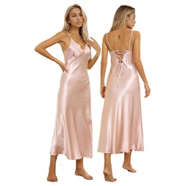 ALCEA ROSEA Women's Nightgown Satin Slip Long Dress Criss-Cross Backless Sleepdress Silky Chemise Long Nighty (Pink073X, 3XL)