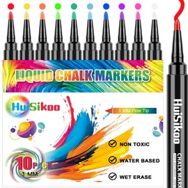 HuiSikoo Liquid Chalk Markers for Acrylic Calendar Planning Board - Fine Tip Wet Erase Markers for Dry Erase Board, Whiteboard, Glass, Mirror - 1mm Fine Point, Easy to Erase, Quick Drying (10 Color)
