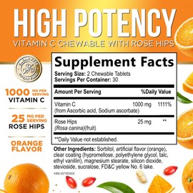Vitamin C 1000mg Per Serving - Extra Strength Daily Immune Support with Rose Hips Chewable Supplement - Sugar Free Tasty Orange Flavor - Antioxidant & Collagen Support - USA Bottled - 60 Tablets