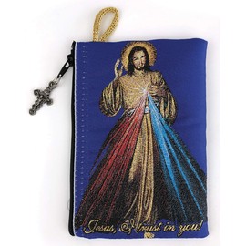 Catholic Rosary Pouch, Divine Mercy of Jesus & Jesus is God, 4" x 6" Jewelry & Coin Purse with Cross, Small Woven Tapestry Icon Bag, Bolsa de Rosario Católico para Joyería