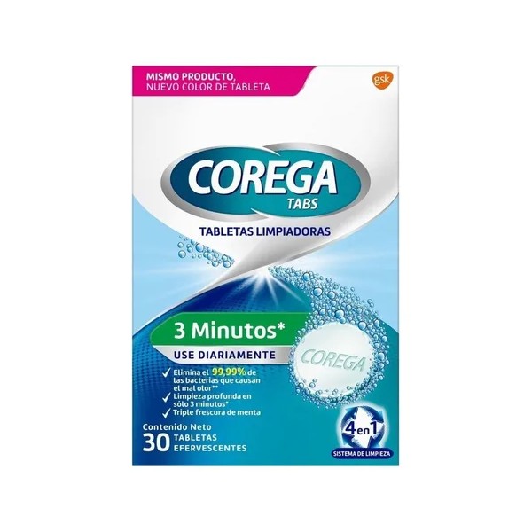 Corega Limpiador Tabletas Ferv. 3 Minutos 30 Unidades