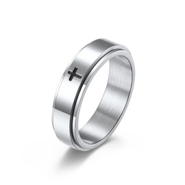 6mm Titanium Steel Silver Fidget Ring Engraved Small Cross Stainless Steel Spinner Rings Stress Relieving Anxiety Ring Engagement Wedding Promise Band for Women Men Boys Girls Size 7
