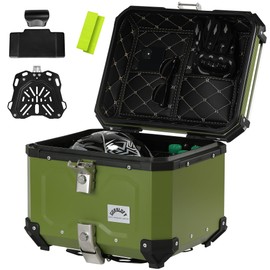 Gurblofy Motorcycle Top Case, 45L Aluminum Motorcycle Top Box with Anti-Theft Lock System, Waterproof, Dustproof, Easy Installation with Universal Bracket, Back Cushion, Jungle Green, GBTC-45G