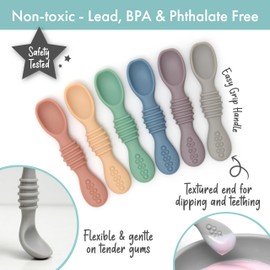 PrimaStella Silicone Chew Spoon Set for Babies and Toddlers - Safety Tested - BPA Free - Microwave, Dishwasher and Freezer Safe - Earth Shades