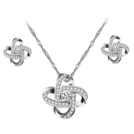 Uloveido Silver Color Criss Cross Earrings and Necklace Jewellery Set for Women Girls Wedding Anniversary Birthday Infinity Knot Jewellery Set with Cubic ZIrconia WHE43