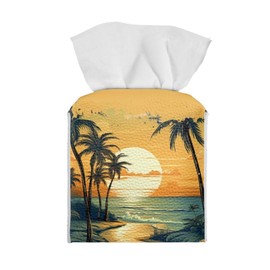 Talayituse Hawaii Sunset Palm Tree Print Tissue Box Cover Square Tissue Box Holder with Bottom Belt, Foldable Napkin Facial Tissue Holder Dispenser Home Car Decor Facial Paper Organizer