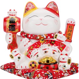 Large Ceramic Maneki Neko Beckoning Lucky Money Cat Waving Arm Good Feng Shui Fortune Happy Smiling Cat Figure 特大招財貓-招財進寶(Good Fortune)