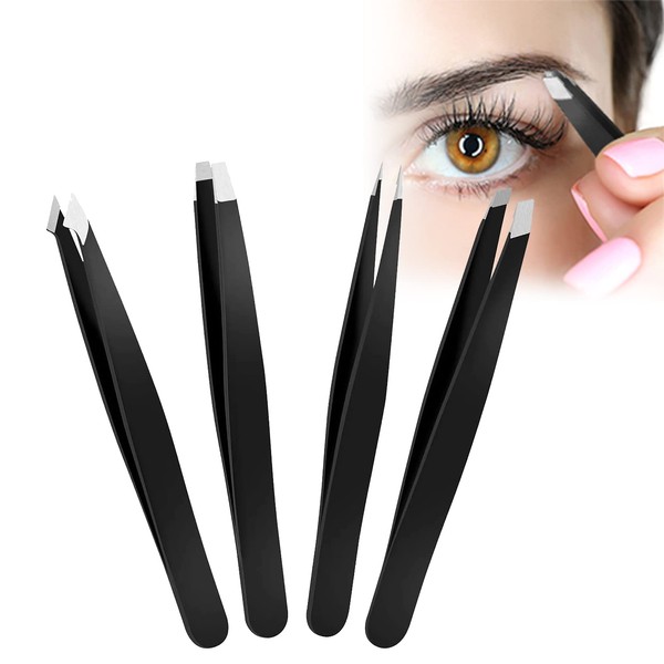 Kiuiom Tweezers Set of 4 Precision Tweezers Set Made of Stainless Steel, Perfect Precision for Eyebrow Plucking, Facial Hair Removal, 4-Piece Tweezers Set Precision, High-Quality Tweezers