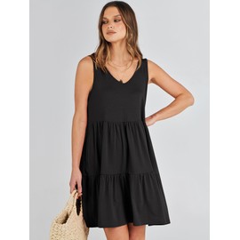 ANRABESS Womens Summer Casual Tank Dress Sleeveless V Neck T Shirt Sundress Flowy Tiered Swing Mini Beach Vacation Dresses Black Large
