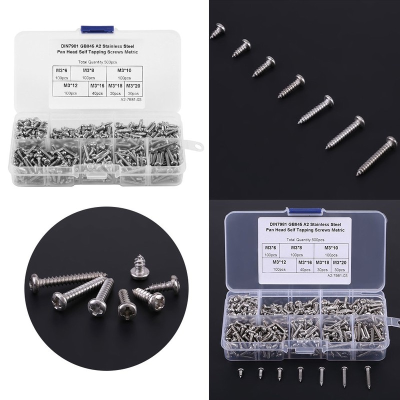 500PCS M3 Screws Assortment Kit,DIN Multi-Purpose Stainless Steel 304/ Carbon