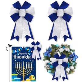 ALIBBON 2 Pcs Hanukkah Bows for Wreaths, Hanukkah Wreath Bows, Glitter Silver Bows, Velvet Blue Bows for Front Door, Hanukkah Decor, Chanukah Holiday Bows for Indoor Outdoor Decor