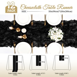 12 Pack Cheesecloth Table Runner 35 x 120 inch Cheese Cloth Wedding Table Runner Rustic Boho Gauze Table Runner Romantic Sheer Table Decoration for Wedding Party Bridal Shower (Black)