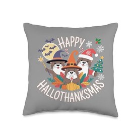 Funny Hallothanksmas Otters Lovers Throw Pillow