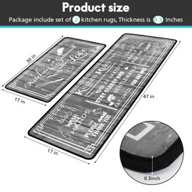 Voanos Grey Kitchen Rugs,Non Skid Washable Microfiber Kitchen mats for Floor, Kitchen Rules Theme Kitchen Cushioned Runner Rug Decor Sets of 2,Size 17"x 47"+17"x 30"