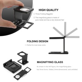 Pocket Magnifying Glass, Three-Folding Magnifier 10X 28MM Zinc Alloy Small Loupe Mini Magnifying Glass with Scale for Jewelry Sewing Textile Coins