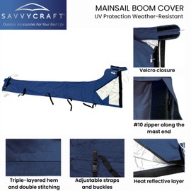 SavvyCraft Waterproof Mainsail Boom Cover, Heavy Duty 600D Sailboat Mainsail Cover UV Protection Weather-Resistant, Boom Length 10'-11' Navy