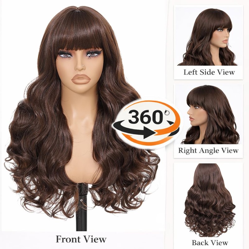Brown Wavy Wig with Bangs for Women, 26 Inch Long