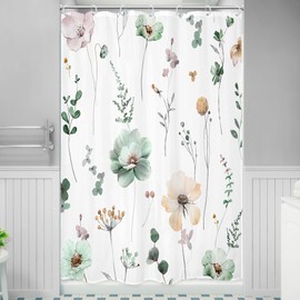 Omifly Stall Small Watercolor Floral Shower Curtain 48Wx72H Inch RV Sage Green Beige Flower Spring Leaves Botanic Plant Minimalist Farm with 8 Plastic Hooks Fabric Waterproof Toilet Accessories Decor