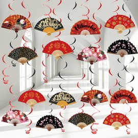 Hibachi Birthday Party Decoration 60PCS Japanese Paper Folding Fan Hanging Swirls Set Chinese Asian Inspired Dragon Spiral Paper Supplies Ceiling Decor for Baby Shower Wedding Wall Indoor Outdoor