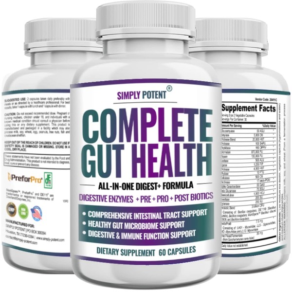 Complete Gut Health, Digestive Enzymes Plus Prebiotic, Probiotic & Post Biotic Gastrointestinal Support, Supports Gut Health & Immune Function, 60 Capsules