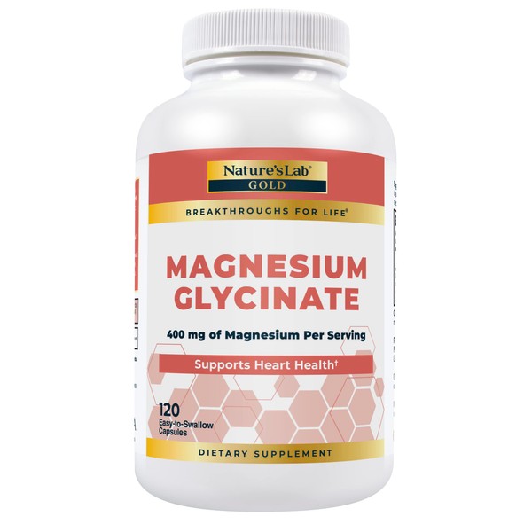 Nature’s Lab Gold Magnesium Glycinate 400mg - Supports Cardiovascular Health, Muscle & Nerve Function* – 120 Capsules (30 Day Supply)